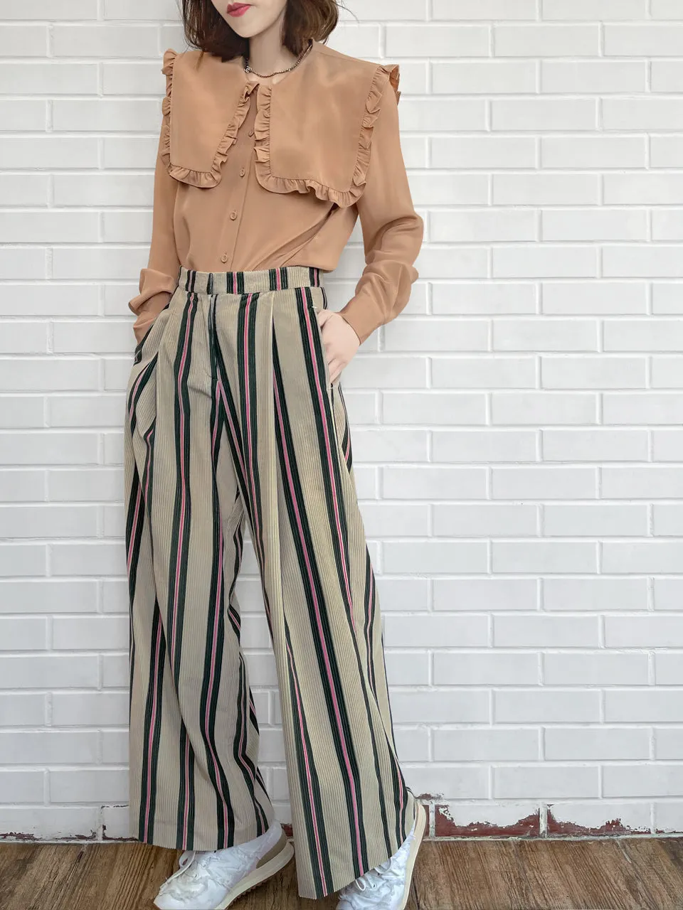 Striped Corduroy Pleated Front Wide Leg Trousers