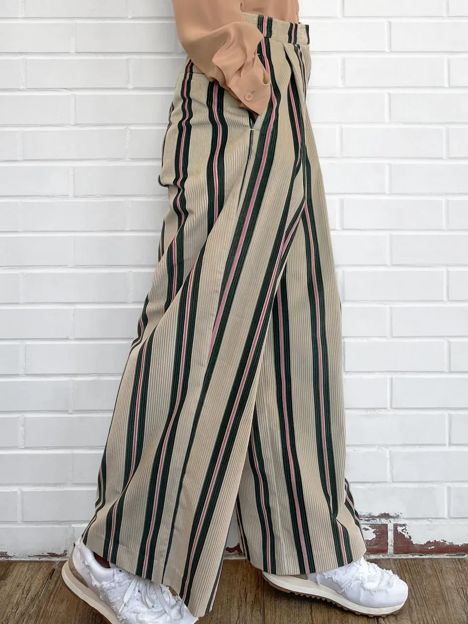 Striped Corduroy Pleated Front Wide Leg Trousers