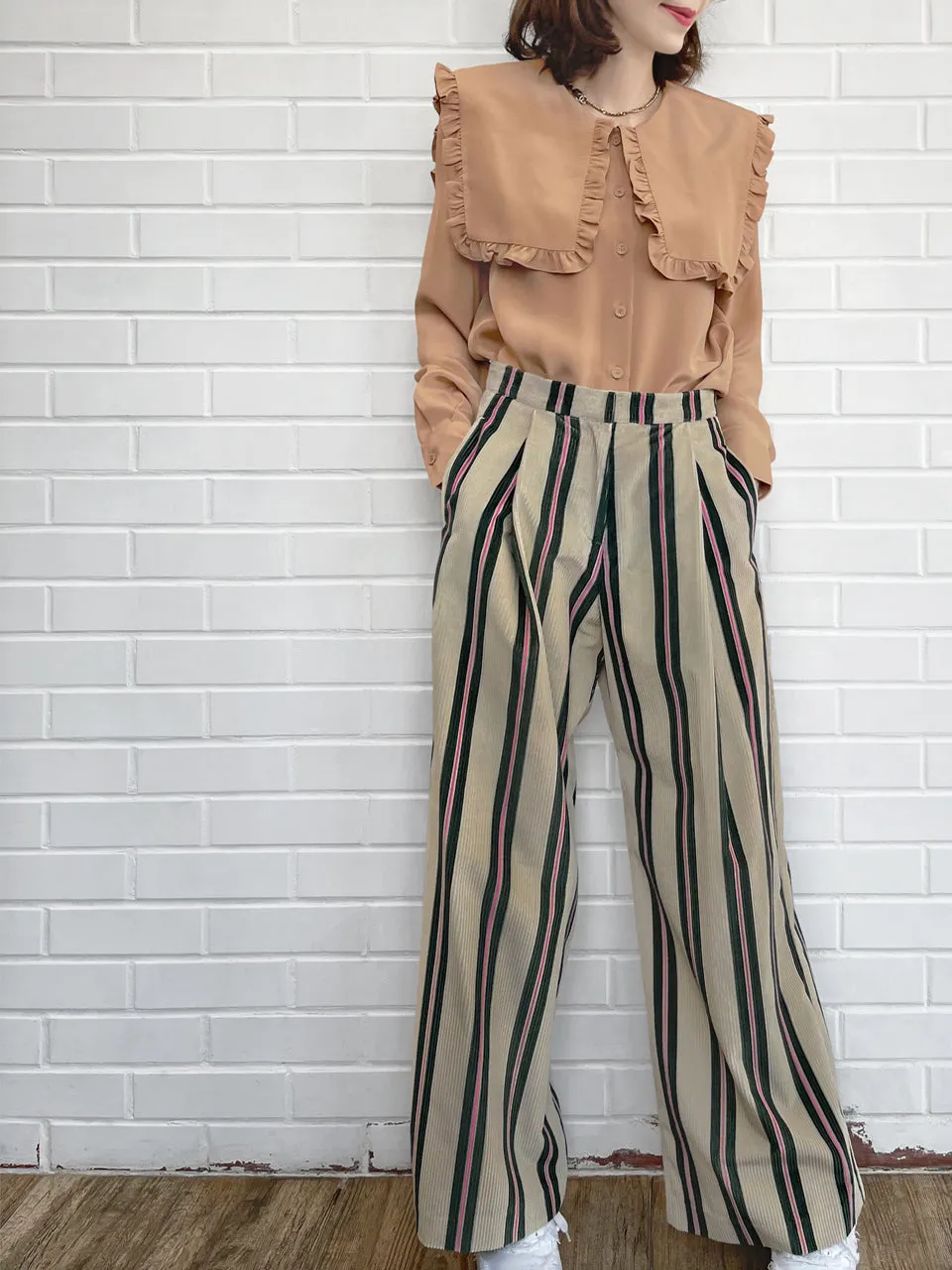 Striped Corduroy Pleated Front Wide Leg Trousers