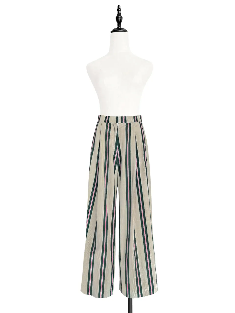 Striped Corduroy Pleated Front Wide Leg Trousers