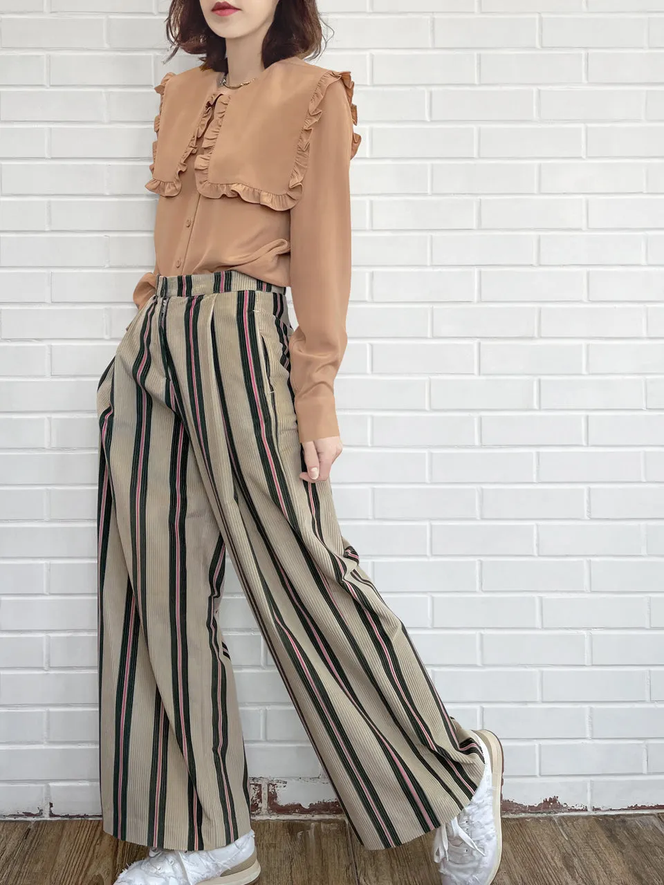 Striped Corduroy Pleated Front Wide Leg Trousers