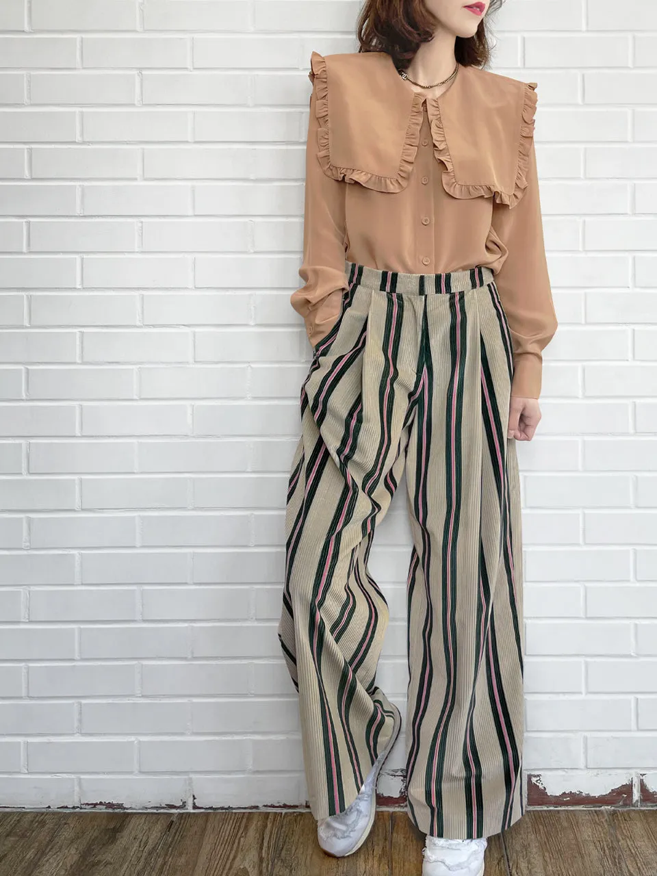 Striped Corduroy Pleated Front Wide Leg Trousers