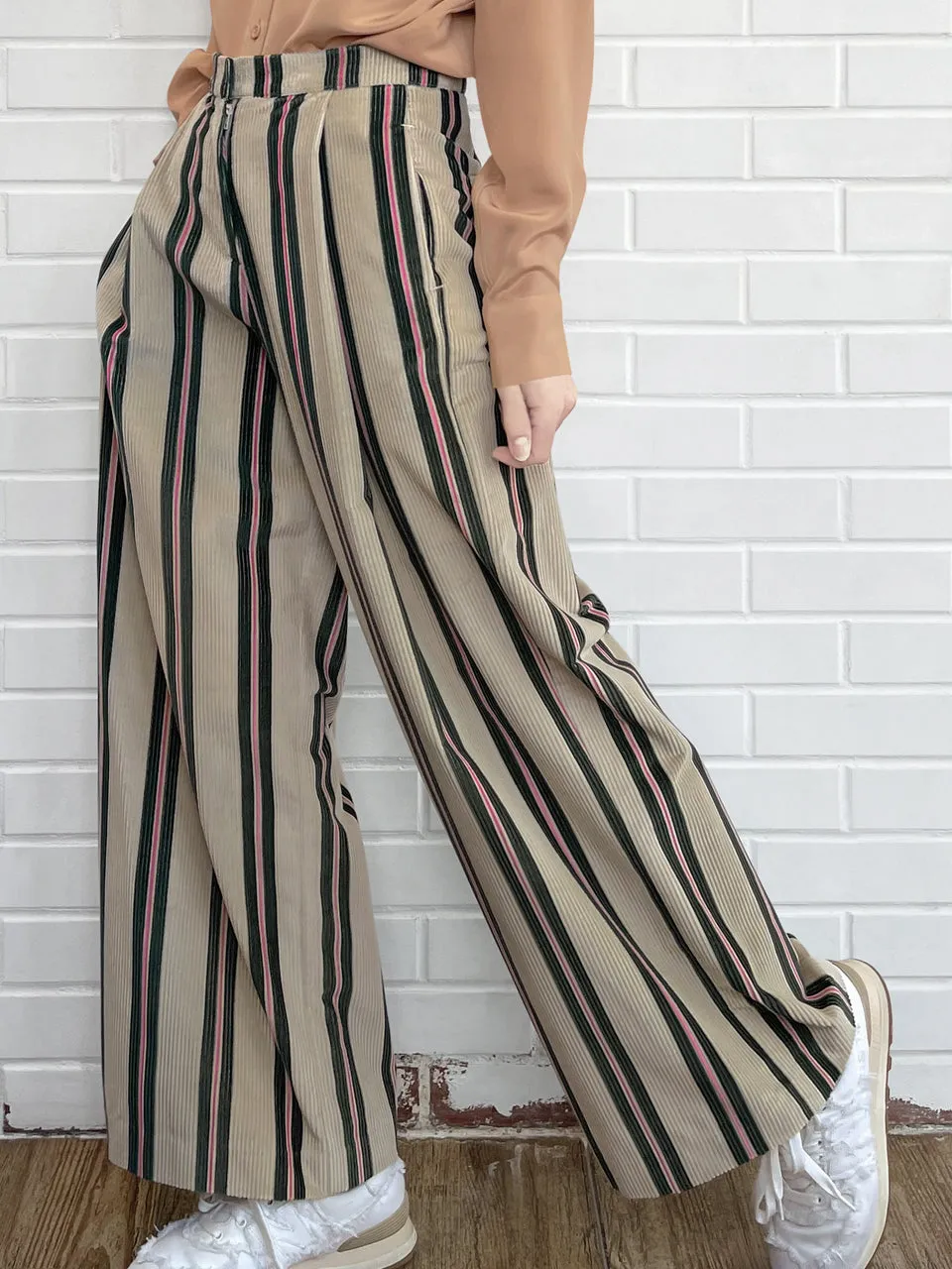 Striped Corduroy Pleated Front Wide Leg Trousers