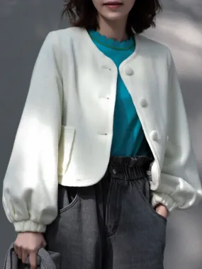 Surprise Sale! Ivory White Balloon Sleeve Button Front Wool Blend Jacket!