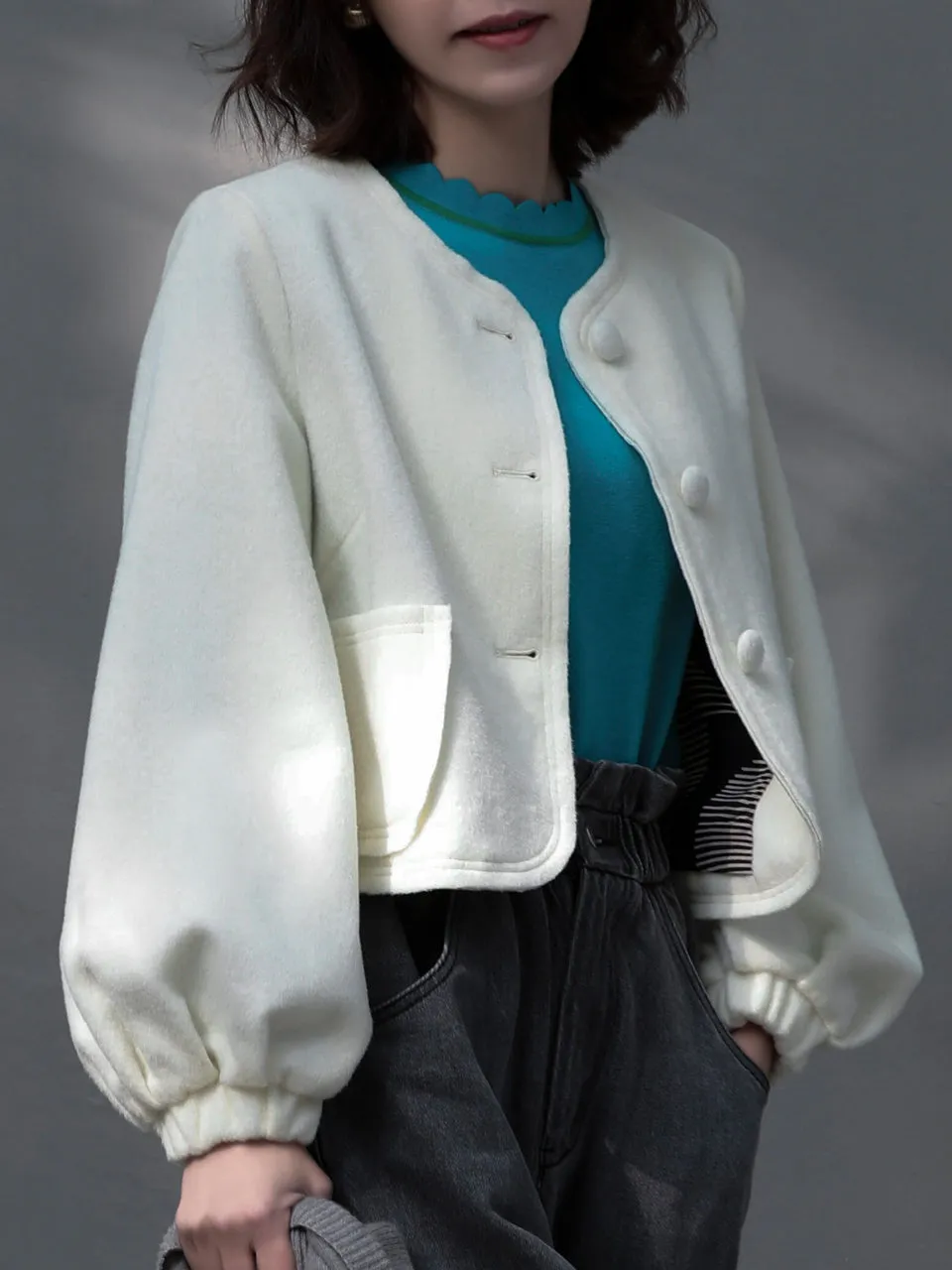 Surprise Sale! Ivory White Balloon Sleeve Button Front Wool Blend Jacket!