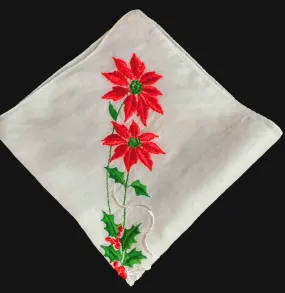 *VINTAGE UNIQUE '50s/ '60s SCALLOPED FLOCKED CHRISTMAS POINSETTIAS WITH HOLLY BERRY LEAVES HANDKERCHIEF